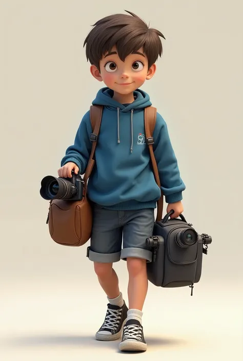 , the boy carrying a camera bag is carrying a carousel bag.,  Wearing a blue sweater and shorts 