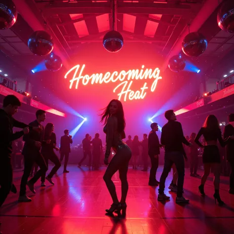 A vibrant high school gym dance floor, alive with warm reds, pinks, and neon blues, radiates "Homecoming Heat" in shimmering, cursive script across the balcony. At the center, a confident young woman in a stylish, sparkling outfit exudes energy. Surroundin...