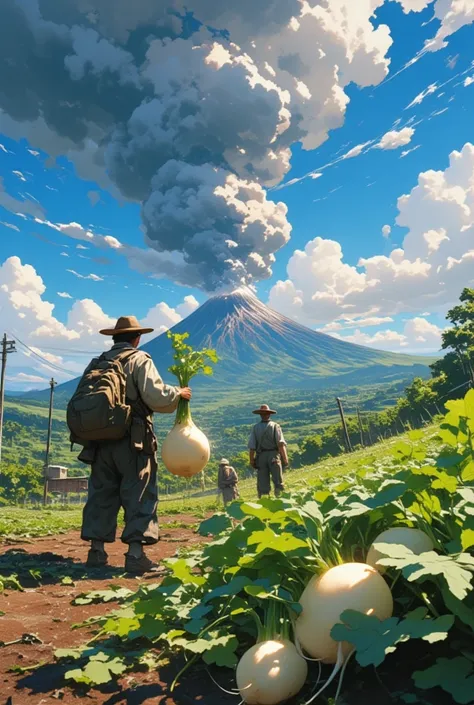 Volcanic smoke rises into the stratosphere due to the huge eruption of the volcano. In the foreground, people harvesting famous white daikon radishes look up at the volcanic smoke. dynamic angle view