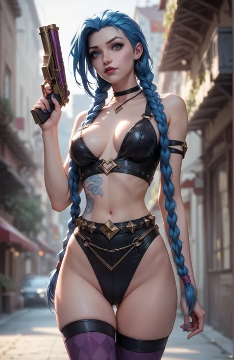 16k, RAW photos, very high quality face details , masterpiece:1.5), (realistic, photorealistic:1.37), (ultra detailed face:1.5), (high detailed skin:1.5), (high detailed eyes:1.5), league of legends themed:1.5, Solo, An ultra seductress teen girl Jinx from...