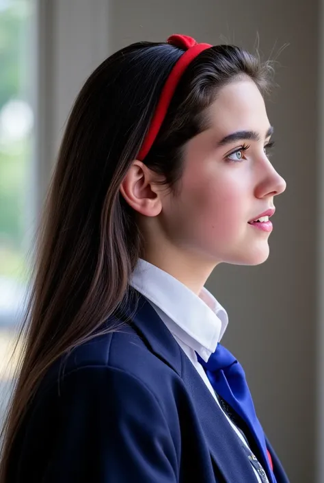 (very realistic photography),(masterpiece, best quality:1.3), 1girl, (alone), from the side, her beautiful profile,
((young Jennifer Connelly)),(at age 15),
she wear in tidy dark blue high school blazer uniform and immaculate white shirt with a vivid blue ...