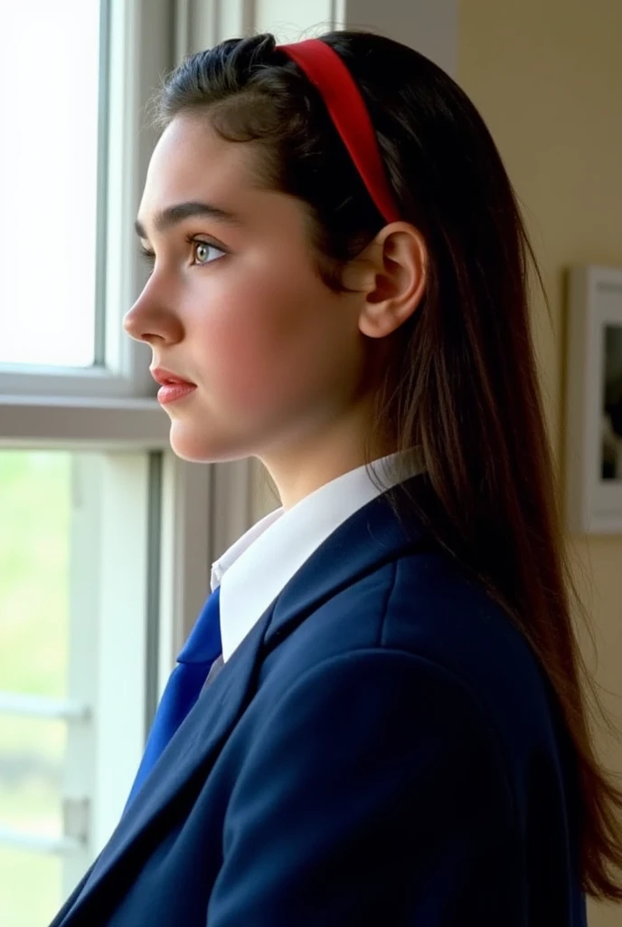 (very realistic photography),(masterpiece, best quality:1.3), 1girl, (alone), from the side, her beautiful profile,
((young Jennifer Connelly)),(at age 15),
she wear in tidy dark blue high school blazer uniform and immaculate white shirt with a vivid blue ...