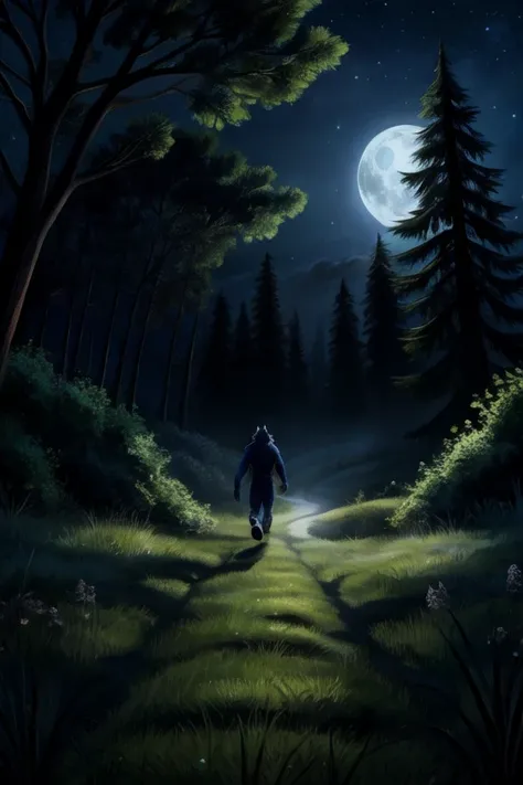 blue furry werewolf, walking, moonlight in sky, grassy dense forest