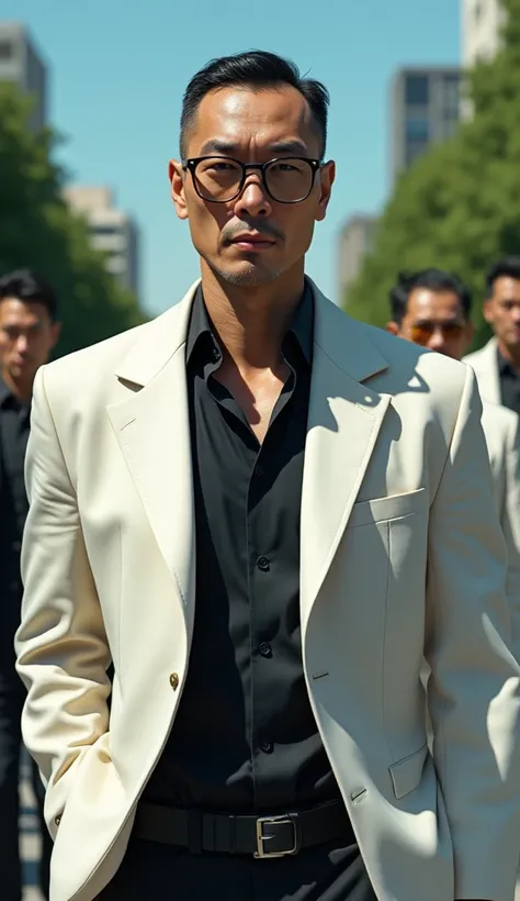 close-up portrait of a handsome Japanese male gangster wearing a white coat, black shirt, glasses, black trousers, he is walking in a walking pose with his arms crossed facing the camera and facing forward. In the background there are two Japanese faces, w...