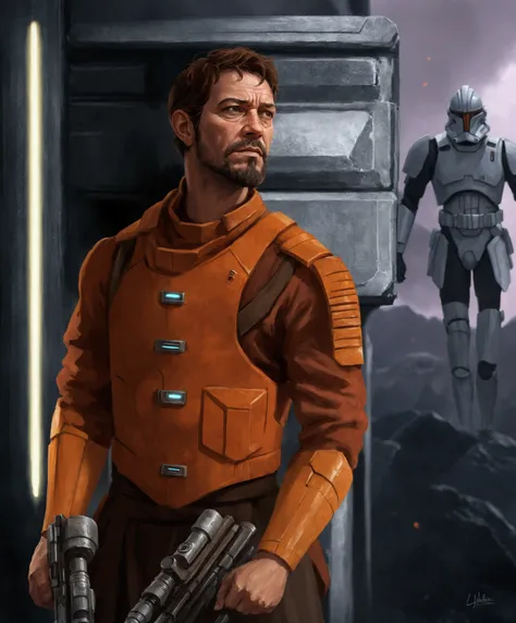 il y a un homme dans une tenue de Star Wars qui tient une arme à feu, vêtue dune armure militaire de science-fiction, epic personnage de science-fiction art, personnage de science-fiction dystopique, personnage de science-fiction, FAN ART, peinture détaill...