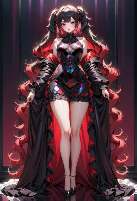 cool beauty in the mirror, white shiny silky fluffy loose messy wavy twin tails, amorous and lewd expression, captivating eyes, sexy red lips, superlative great body proportion, wearing iridescent jet black loose baggy satin mosaic pattern designers dress,...