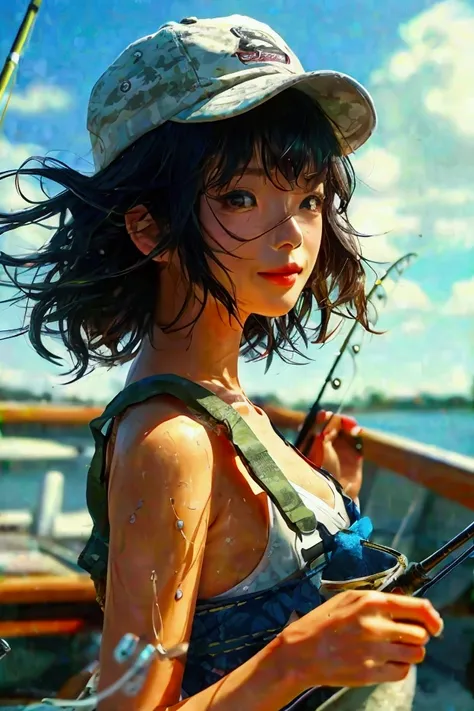   lively Japanese beauty doing bass fishing ,   with disheveled dark hair   、  ,    and her bright smile radiates joy   .      shes wearing a fishing suit     、 Im wearing a cap ,      has a fishing rod with a bait casting reel in her right hand    ,   lar...