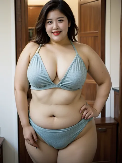 ((((Bbw)))) a woman in a bikini posing for a picture, long hair, breasts, smile, large breasts, brown hair, navel, cleavage, swimsuit, indoors