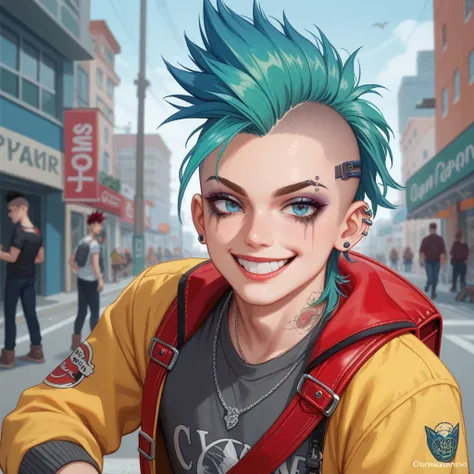  three teenagers,  a boy with sharp blue hair  , wearing a gray sweater ,  he has an evil smile with pointy teeth and a scar on his face ,  he has a red backpack .  On the right side of him is a lemon-green haired woman wearing a yellow jacket and short je...