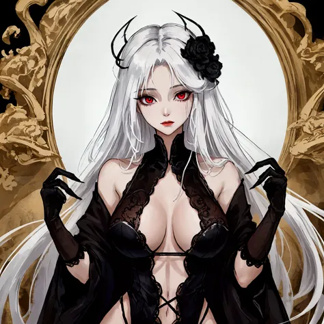  The character portrayed in the image presents an intriguing and mystical look .  She has long white hair that flows elegantly .  Her body is slender and is dressed in a tight black suit , that highlights your curves. 

 The most striking element is the pr...