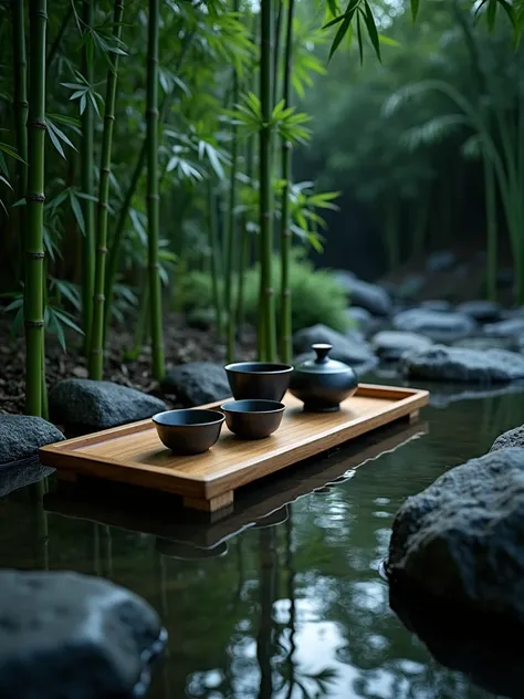 [Serene tea ceremony by a tranquil stream, nestled amongst a bamboo grove, conveying peace and tranquility], [Photographic art,  soft focus realism], [Inspired by the work of  Annie Leibovitzs nature photography and the minimalist aesthetic of Japanese Zen...