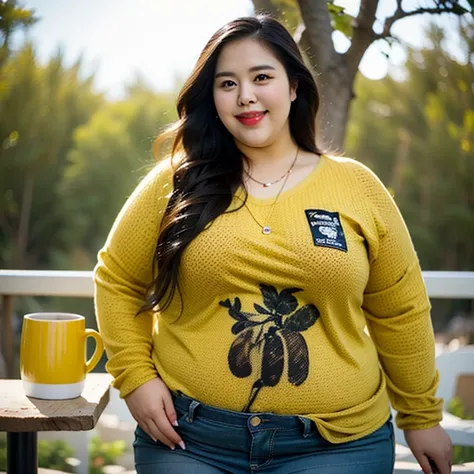 ((((Bbw)))) a woman sitting at a table with  coffee, long hair, smile, blonde hair, shirt, outdoors, sky, day, necklace, bag, tree, cup, plaid, yellow shirt, mug, railing, plaid shirt, coffee mug