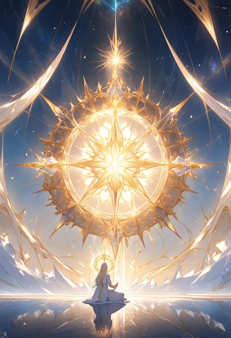 Massive sanctuaries made of glowing crystal orbit a dying star, their spires reaching out as if in reverence. Inside, celestial beings kneel in prayer, their translucent forms pulsing with the stars fading energy. The sanctuaries reflect the star’s golden ...