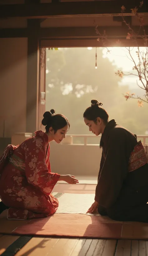 a japanese woman in kimono, sitting and greeting by crouching her upper body and hand on tatami  in a traditional japanese rooom,Hgraphic elements, Dynamic Light, Cinematics, HDR, UHD,PHOTOGRAPH OF“A serene scene of Japanese people bowing respectfully in a...