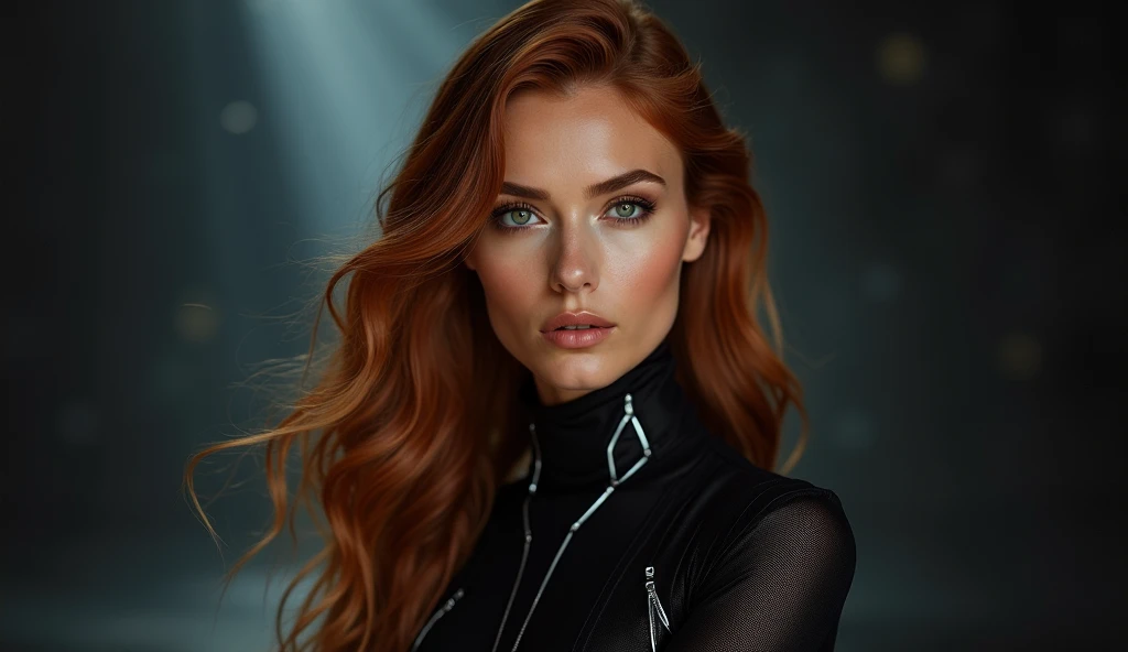 A naturally beautiful French woman (40 years old, tanned skin, perfect symmetrical features, luminous and captivating eyes, beautiful long auburn hair), directly facing the camera with a sharp and bold expression, lips closed, and eyebrows slightly raised....