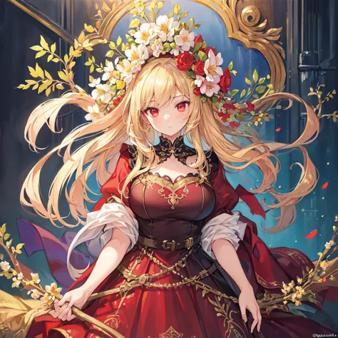 (best quality,ultra-detailed,oil painting:1.2),detailed face,and elegant pose,beautifully intricate details on the dress,soft and gentle lighting,vibrant and rich colors,blond hair,red eyes,castle flower garden 