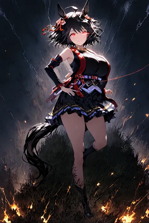 (((  Kitasan Black 1 )))、((( black hair)))、((( short hair)))、(((Black Kitasan Black Outfit )))、(((Horse&#39;s ears)))、 Horses Tail、((( Glowing Eye Trail  )))、(((smile)))、((( Darkness)))、(((Turf)))、「  top quality、  Masterpiece 、 Illustration 、  Very Delicat...