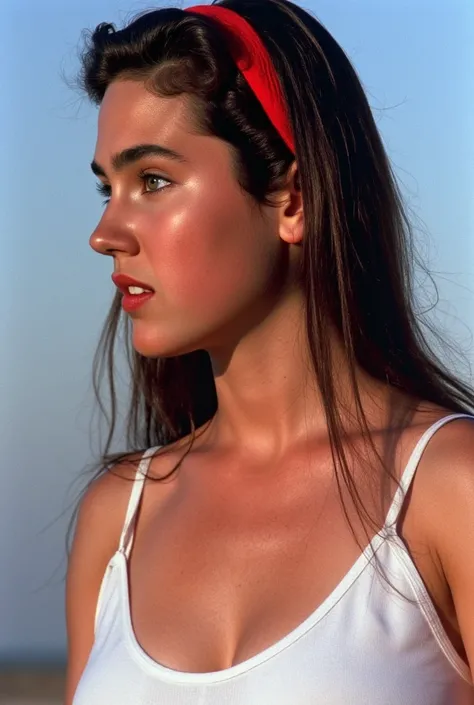 (very realistic photography),(masterpiece, best quality:1.3), 1girl, (alone), from the side, her beautiful profile,
((young Jennifer Connelly)),(at age 15),
she wear a simple white one-piece swimsuit.,
she wears a vivd red hair band., 
with cute face with ...