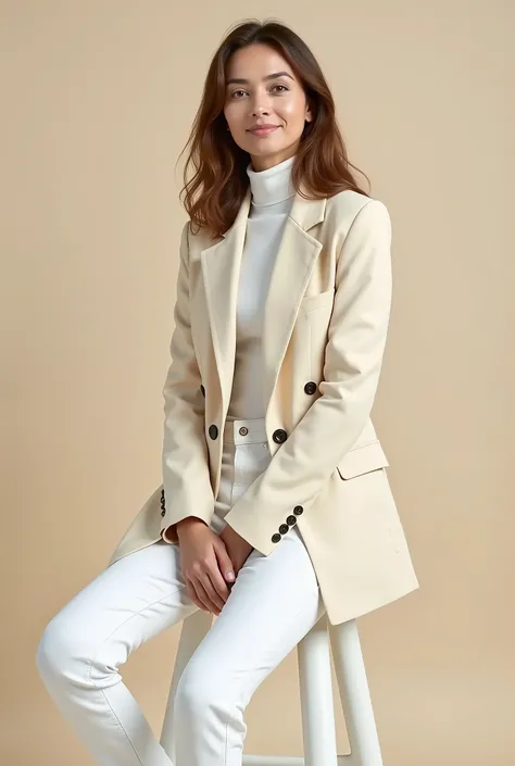 Woman (ethnicity:1.2), (age:2.1),  seated on a white stool,  (pose:1.2),  (body type:1.1),  (detailed clothing:1.2),  (accessories:1.1), wearing a light beige blazer, a white turtleneck top, and white jeans and white high-top sneakers. (facial features:1.3...