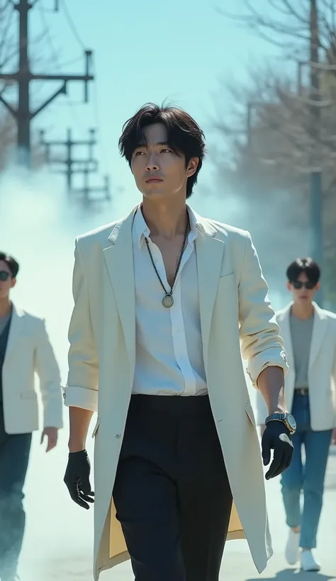 portrait of a handsome korean,necklace,watch. male gangster, white skin. with medium lomb black hair, black gloves. Korean hairstyle. Wearing a white coat, white shirt, black trousers, he walks in a very dashing walking pose with camera authority and facin...