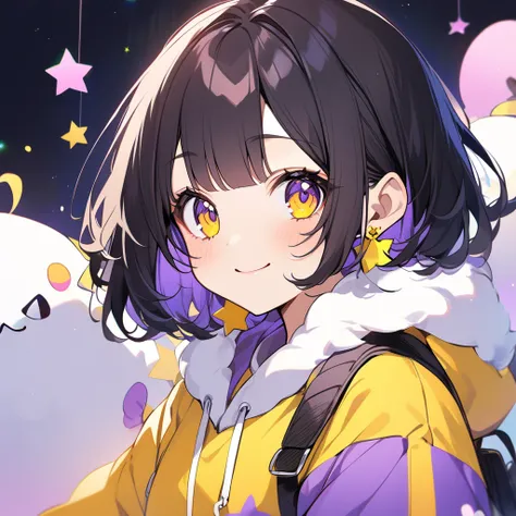   1 girl ,   cute girl、 is cool、bangs, Black Hair, Inner color yellow length、Soft and fluffy 、 smile,  purple eyes,   hoodie white、　Star earrings  ,Bob,Yellow Eyes