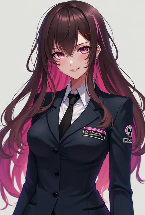  Anime brown-haired girl with long hair and pink locks, with white eyes ,  in a classic security suit and medical gloves , smiles gently but a little crazy 
