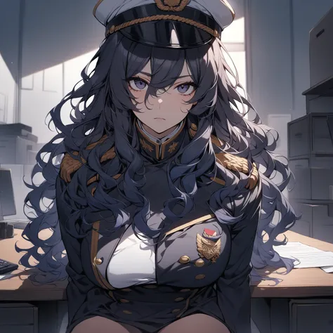 [high quality, best quality], 1girl, sitting, office, dark blue hair, navy hair, gradient hair, long hair, wavy hair, messy hair, military uniform, military cap, glove, sitting behind desk, looking at viewer, expressionless, arrogant, medium-large breast, ...