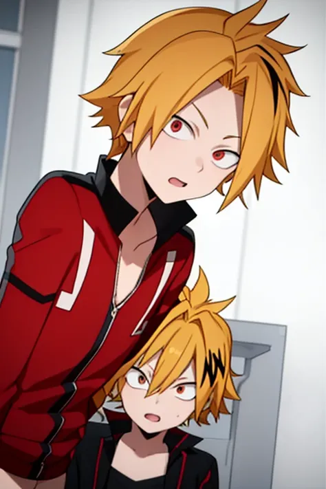 Two boys, masterpiece,  Best Quality ,  HIGH QUALITY, 2 ren, Alone,  male focus,  watching the spectator, , Kaminari_thank you, blonde hair,  multicolored _hair, Hero boy costume 1 , with Eijiro Kirishima,  male focus,  watching the spectator_hair rojo ojo...