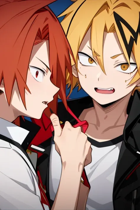 Two boys, masterpiece,  Best Quality ,  HIGH QUALITY, 2 ren, Alone,  male focus,  watching the spectator, , Kaminari_thank you, blonde hair,  multicolored _hair, Hero boy costume 1 , with Eijiro Kirishima,  male focus,  watching the spectator_hair rojo ojo...