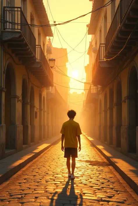  The picture of the view of the deserted street with the tall young man in the yellow shirt walking.light sun sunrise 