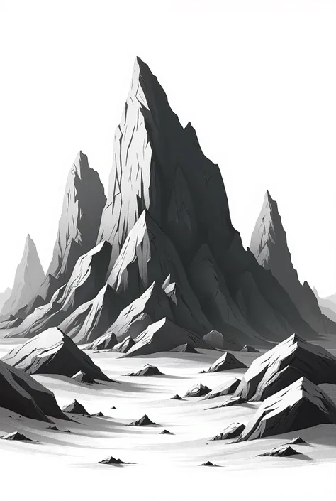 Create a vector illustration of a rugged rock formation, featuring jagged edges and bold contours. The design should be monochromatic, using high contrast between black and white to highlight the texture and depth of the rocks. Emphasize the sharp angular ...