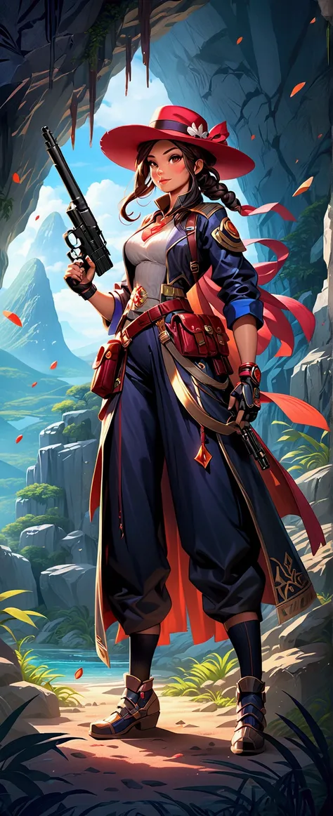 a female character wearing a hat and holding a gun in a cave, a large red gem on the ground, stylized game art, detailed game art illustration, game illustration, detailed game art, mobile game art, game art, game cover art, key game art, stylized game ico...