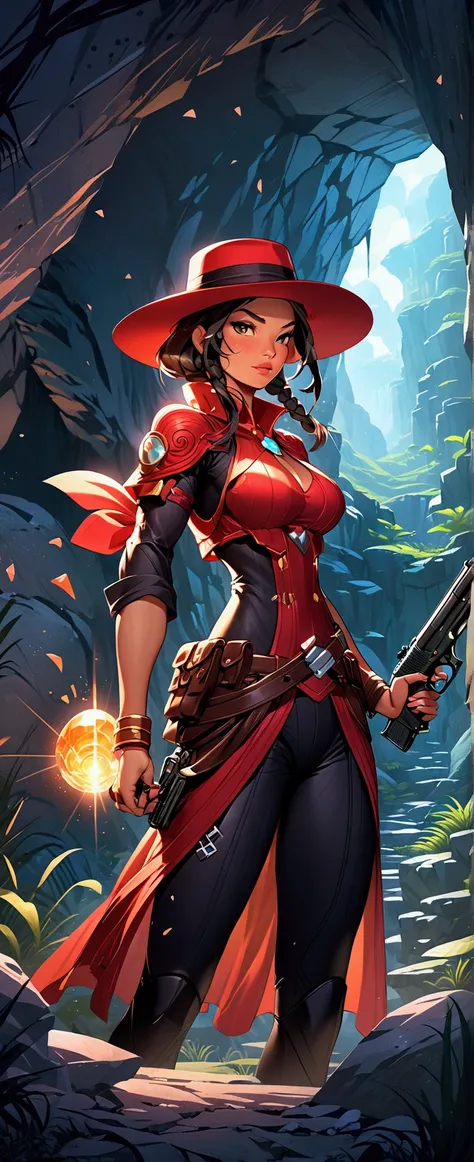 a female character wearing a hat and holding a gun in a cave, a large red gem on the ground, stylized game art, detailed game art illustration, game illustration, detailed game art, mobile game art, game art, game cover art, key game art, stylized game ico...