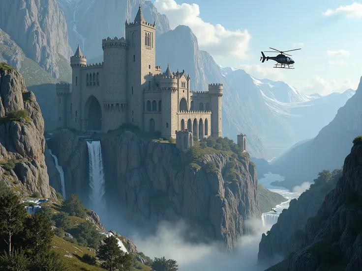  An old medieval castle on top of a rocky mountain,  with cliffs and waterfalls around , approached by a helicopter 