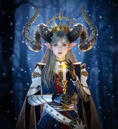 Character: A young woman with pale skin, subtle freckles, and a melancholic, serene expression, styled as a dark fantasy demon queen. She has delicate, pointed elf ears with a soft pinkish hue and large, textured black horns that curve outwards and upwards...