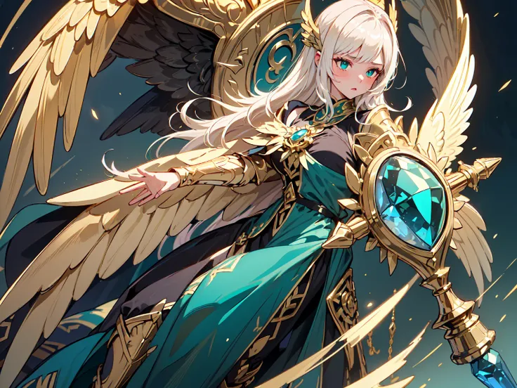 (((masterpiece, best quality, high detailed, 16k))) (1girl) A sinfully opulent woman with long platinum blonde hair and glowing green eyes. She wears an armor encrusted with gold coins and precious gems, shimmering with wealth. Her wings are made of gold, ...