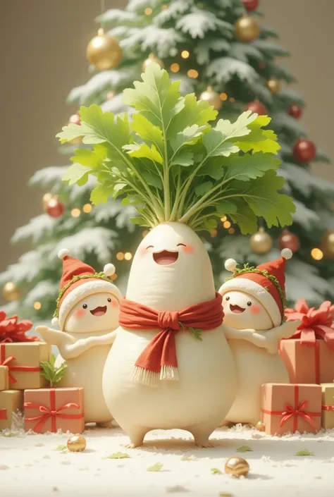 a group of daikon characters at a christmas party, cute, adorable, happy, cheerful, festive decorations, christmas tree, presents, snow, winter, detailed, 8k, photorealistic, high quality, vibrant colors, soft lighting, warm tones