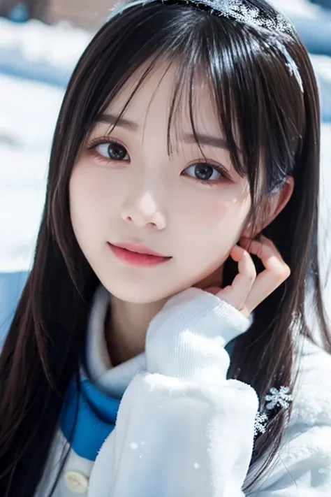  Japanese woman who looks like an idol  , long hair ,  straight hair, Round face , bust up ,  beautiful anime woman with the power of ice and snow. The colors are blue and white .  holds snowflakes in her palm .