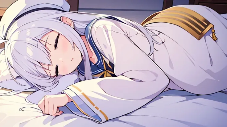  is sleeping on a futon、  white hat with gold decoration、Long white hair、Sailor&#39;   white uniform  