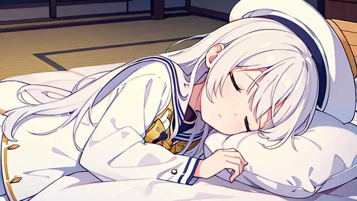  is sleeping on a futon、  white hat with gold decoration、Long white hair、Sailor&#39;   white uniform  