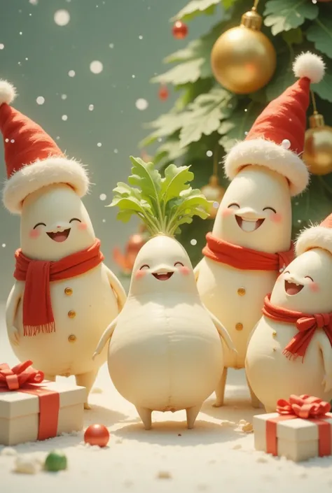 クリスマスツリー,a group of daikon characters at a christmas party, cute, adorable, happy, cheerful, festive decorations, christmas tree, presents, snow, winter, detailed, 8k, photorealistic, high quality, vibrant colors, soft lighting, warm tones