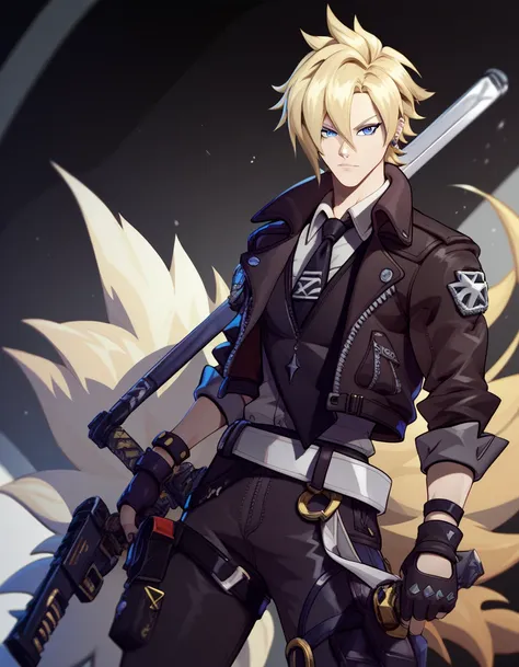 Human Male ,punk Clothing ,fur Jacket , Blonde haircut, ((Zenless zone zero Style)),  Belt pants  zzzpony , blue pupils , Black Tie , holding Katana 