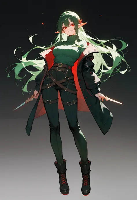 girl,Elf, dark green hair , in red eyes , Medium Breasts ,Green sweater , Short black jacket with long sleeves, dark edges,Long hair, Full Body Belt, grin smile , Trousers