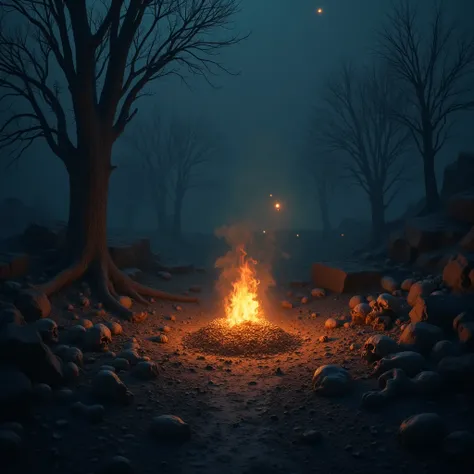 A hauntingly silent cremation ground under a dark night sky. Burning pyres cast an orange glow, and there are scattered ashes, skulls, and bones on the ground. The atmosphere is eerie with a few leafless trees and a distant view of glowing fireflies or mys...