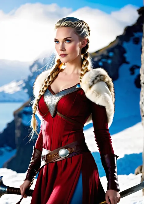 Lady Sif, Goddess, Viking, fur dess, golden haired, braids, Very longer haired, beautiful face, blue eyes, sexy, beautiful body, 