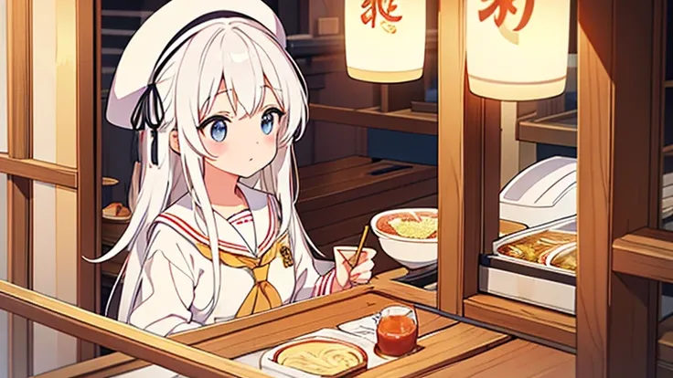 Ramen shop、  white hat with gold decoration、Long white hair、Sailor&#39;   white uniform  