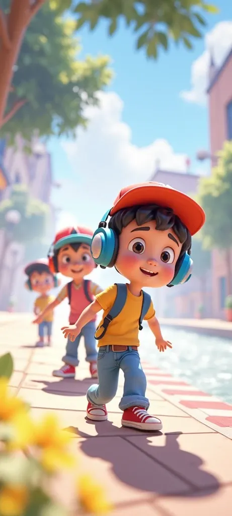  pixar 3d animation ,  boys wearing caps and headsets , On a very beautiful street ,  sunny day ,  full body,  boy in front of the camera