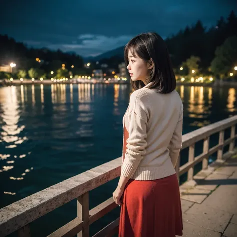 A view from behind young woman, age 25 standing by the lake. At night time, city lights at the other side of the lake. Show the whole back body. Wearing ling skirt and red cardigan.