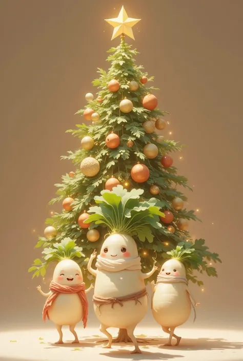 A Christmas tree, cute daikon radish characters celebrating Christmas, highly detailed, hyperrealistic, volumetric lighting, ornate decorations, festive atmosphere, warm color palette, photorealistic, 8K, best quality, digital art