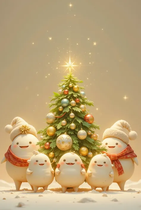 A Christmas tree, cute daikon radish characters celebrating Christmas, highly detailed, hyperrealistic, volumetric lighting, ornate decorations, festive atmosphere, warm color palette, photorealistic, 8K, best quality, digital art